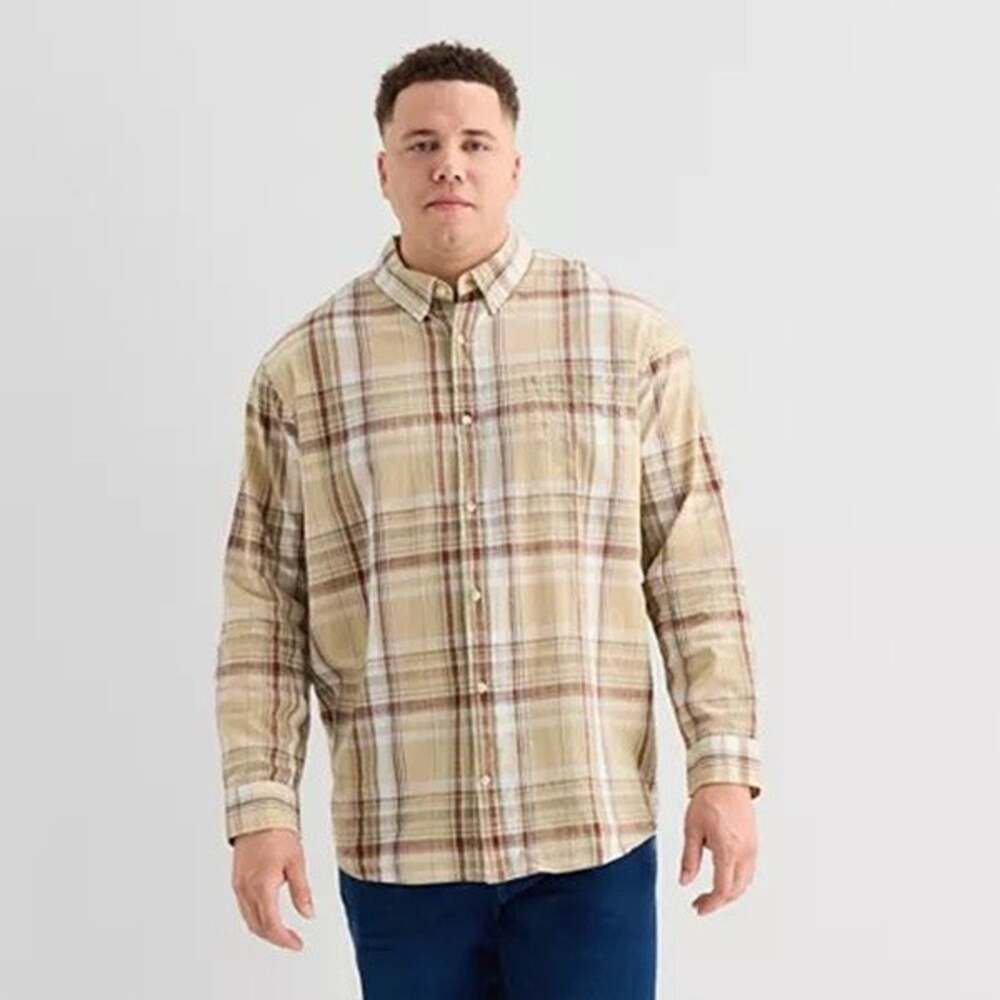 Mutual Weave XLT Shirt Beige Brown Plaid Woven Cotton Pocket Long Sleeve XL Tall